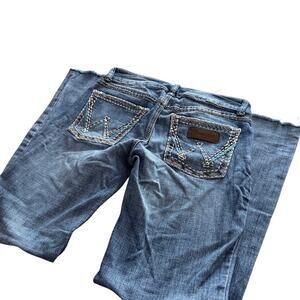 Y2K Wrangler Boot Co Jeans Womens Blue Good Distressed Heavy Stitch 3/4x34
